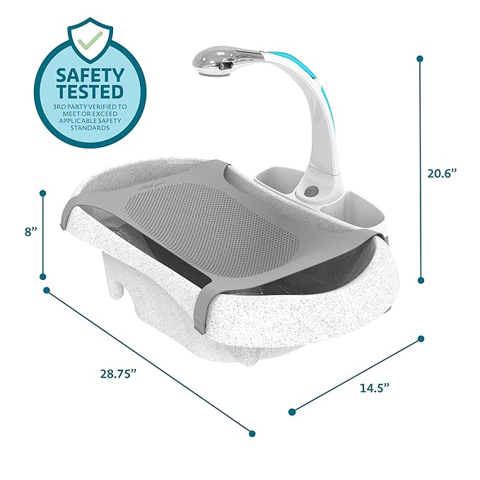 The First Years Rain Shower Baby Bathtub Set - Includes Infant Sling, Soothing Spray Shower Head, Fresh Water Tank and Built in Soft Brush - 3 in 1 Grow with Me Design - Baby Bath Essentials