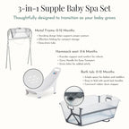 Evolur Supple Baby Spa Set – Complete Newborn Bath Essentials Kit with Baby Bathtub, Hammock Seat and Metal Frame | Infant Bath & Spa Gift Set for Baby Showers & New Parents