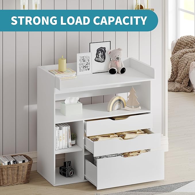 Pipleo Baby Changing Table Dresser with 3 Drawers and 3 Storage Shelves, Can be Used as a Baby Dresser with Changing Table Top, a Baby Changing Station, a Wood Diaper Changing Station (White)