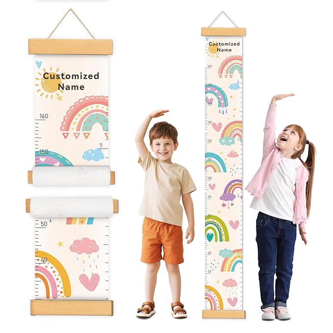 Personalized Name Growth Chart Wall Decor for Kids – Canvas Removable Height Chart Measuring Ruler 59" x 7.9" (Rainbows)