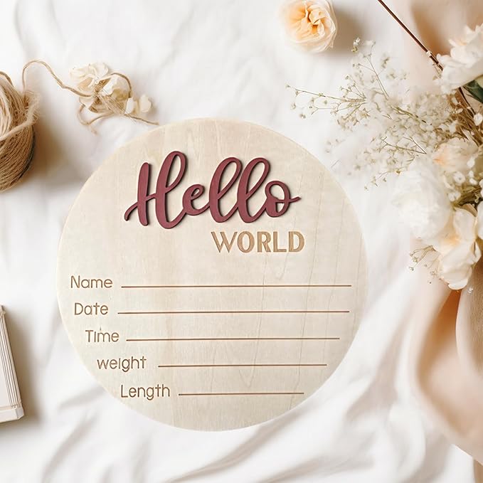 Baby Announcement Sign, 5.9 Inch Wooden Hello World Newborn Signs, Birth Announcement Sign, Baby Shower Hospital Nursery for Newborn Boys and Girls (Tea Red)