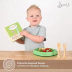 Made in USA Spoon la la Toddler Utensils Set (2 Pack) & Board Book - Spoon & Fork for Kids, Self-Standing 3D Ergonomic Cat & Dog Handles, BPA-free, Dishwasher Safe Baby Silverware (Yellow)