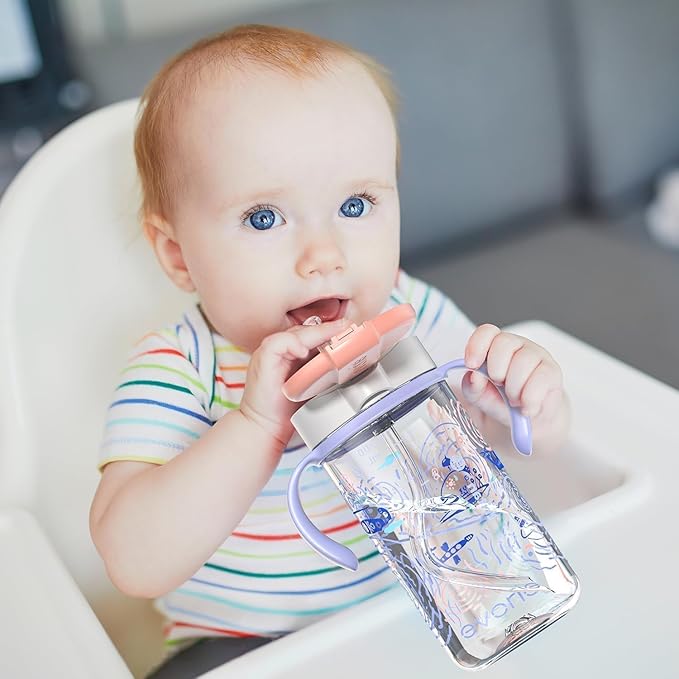 Evorie Tritan Spill Proof Toddler Straw Sippy Cup, 10 oz for Baby and Toddlers 1-3 Years Old, No Spill Straw Water Bottle with Removable Handles, Ideal for School, BPA-Free, Travel in Space