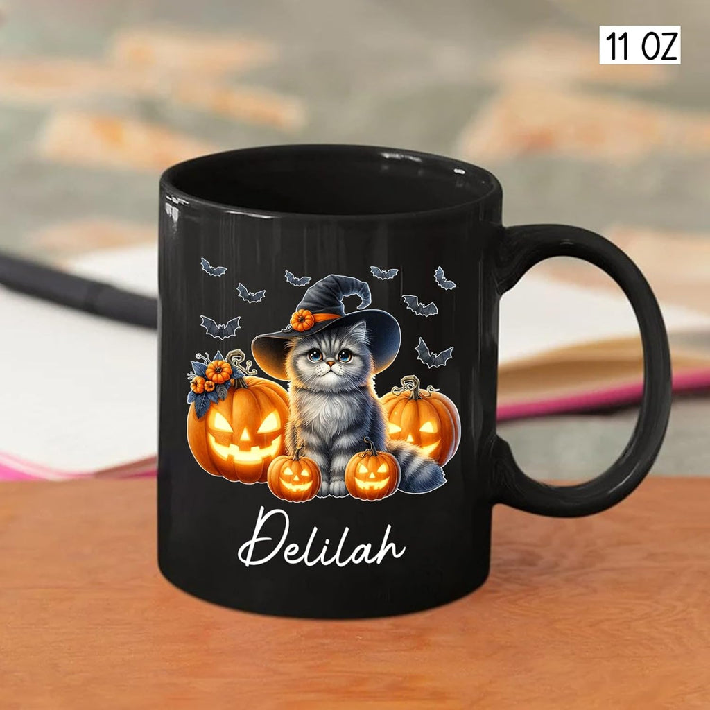 Customized Halloween British Longhair Mug with Name, Personalized British Longhair with Pumpkins Coffee Cup, Witch Cat Ceramic Mug, Pet Halloween Black Cup 11oz 15oz, Gift for Cat Dad Mom