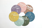 Hickory Hollow Designs - Baby Announcement Sign for Newborn Boys and Girls (Color Bases) - Hello World Nursery Decor Sign & Photo Prop for Babies Made of Birch Wood - 6" Circle Board (Sage)