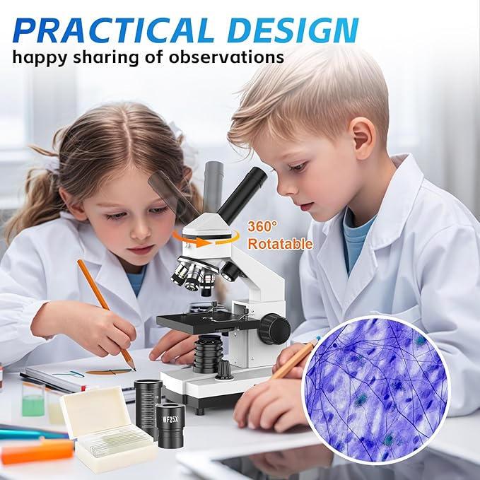40X-2000X Monocular Microscope for Adults & Kids - Wozel Compound Microscopes for Kids with Dual LED Lights - Professional Biological Microscope with Phone Adapter Slide Set for School Home Education