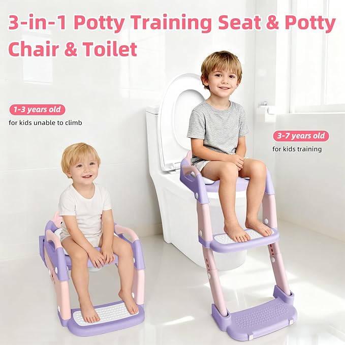 Potty Training Seat, Upgrade Toddler Toilet Seat for Kids Boys Girls, 3 in 1 Potty Training Toilet with Step Stool Ladder-Non Slip Foldable (Purple+Pink)