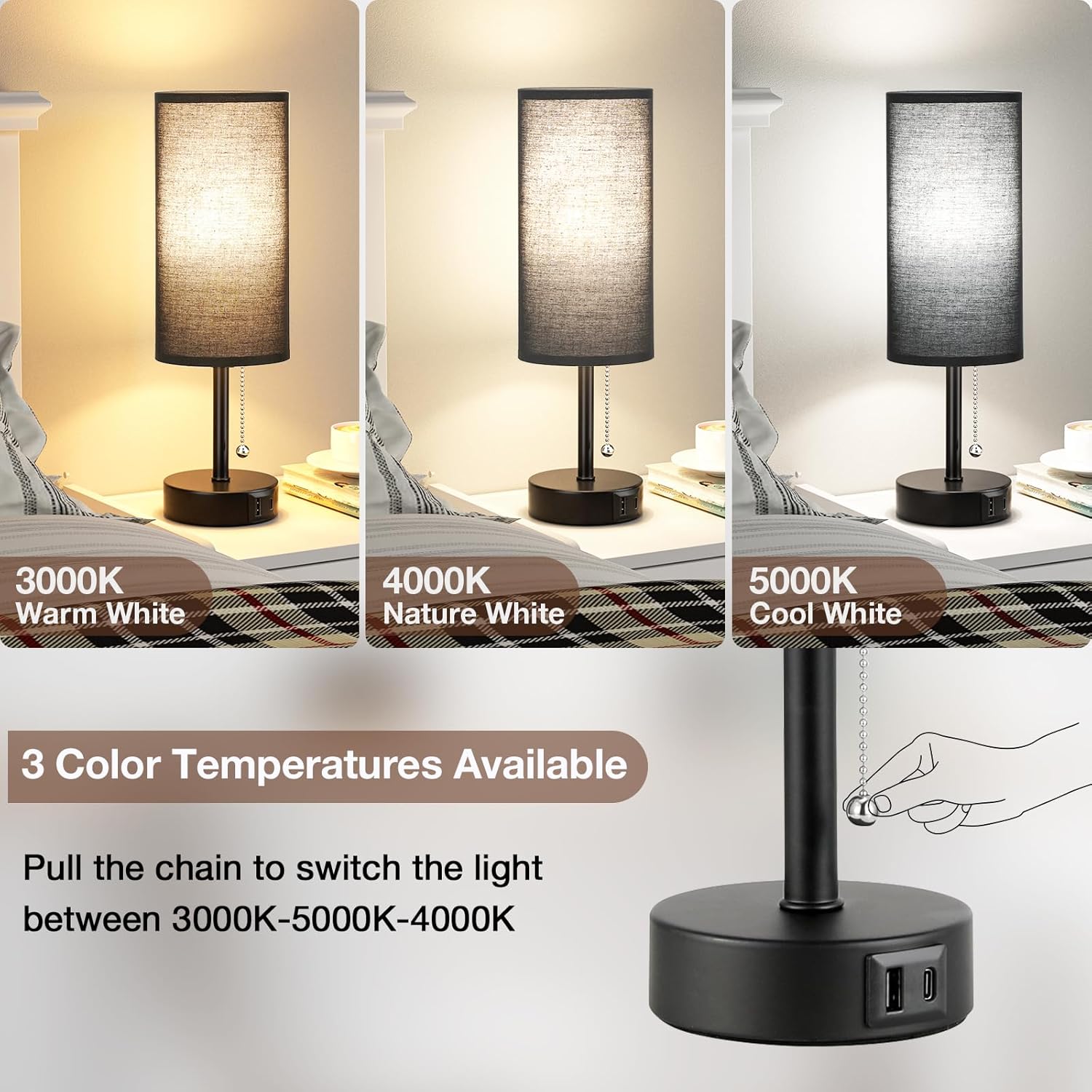 Black Bedside Lamps for Bedroom Set of 2 - Nightstand Table Lamp with USB Charging Port, Pull Chain Night Stand Light, Side Table Desk Reading Lamp for Living Room/Dorm/Bathroom/Kitchen