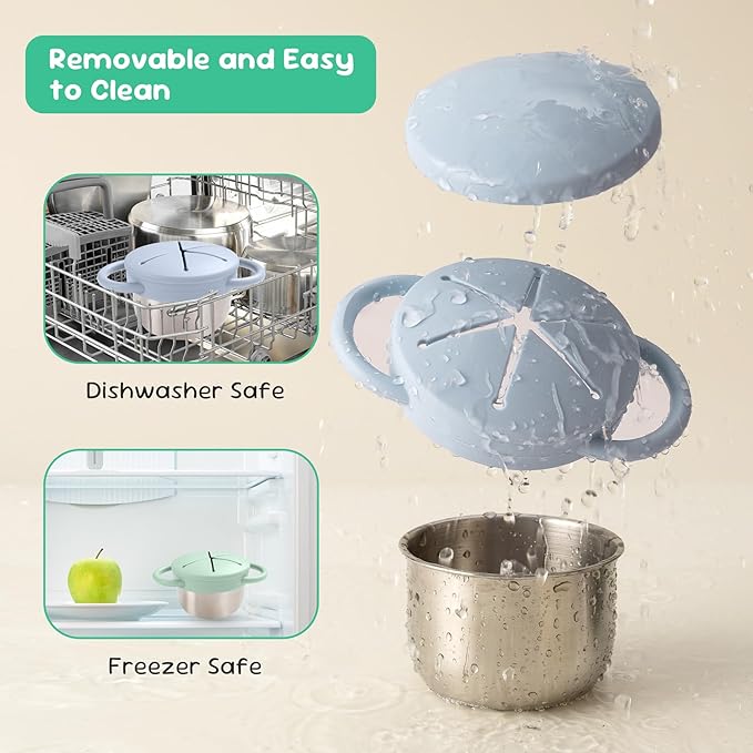 1 Pack Snack Containers for Toddlers, 3-in-1 Stainless Steel Toddler Snack Cups with Removable Silicone Food Catcher & Travel Lids, No-Spill Snack Container for Baby Self-feeding