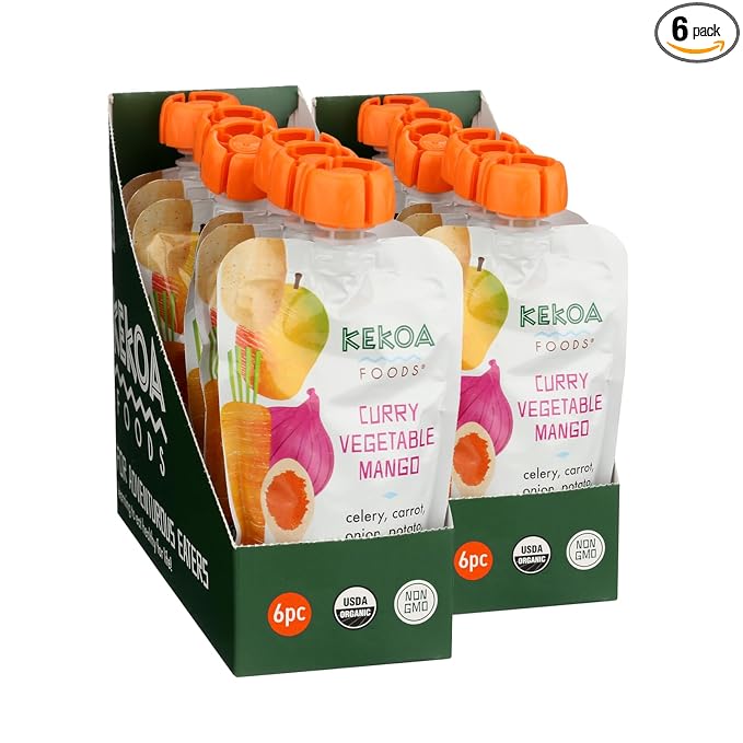 Kekoa Foods Curry Vegetable Mango Baby Food Purée | 100% USDA Certified-Organic, No Sugar Added | Organic, Non-GMO, Gluten-Free, Vegan | Mild Curry with Celery, Carrot & Potato | 3.5 oz Squeeze Pouch