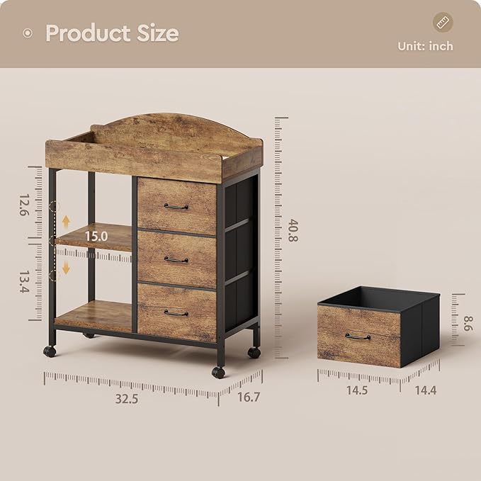 Changing Table Dresser, Baby Dresser with 3 Fabric Drawers and 2 Shelves, Multi-Functional Baby Changing Table with Pad, Classic Nursery Dresser, Diaper Changing Station, Rustic Brown