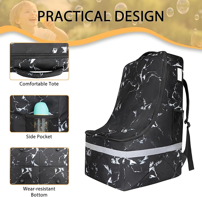 Car Seat Travel Bag for Airplane,Infant Seat Travel Bag with Shoulder Strap,Padded Car Seats Backpack with Reflective Stripes,Large Carseat Carrier Bag Travel Car Seat Cover, Black marble