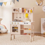 HONEY JOY Kids Kitchen Playset, Wooden Play Kitchen for Toddlers, Microwave, Range Hood, Ice Maker, 18 Cooking Accessories, Little Chef Pretend Play Toy Kitchen Set, Gift for Boys Girls, Pink