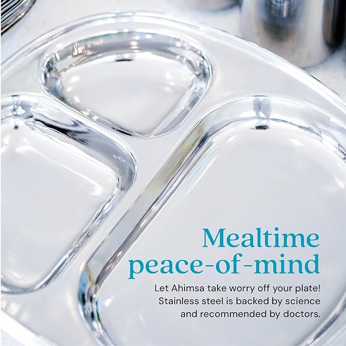 Ahimsa Stainless Steel Kids Plates - Divided Toddler Plates, Pediatrician Designed, Non Toxic Toddler Plate, Camping Plate, BPA Free & Dishwasher Safe (Single)