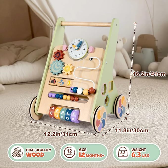 Wooden Baby Walker for 6-12 Months, Montessori Walker Push Toy for Toddlers Learning to Walk, Push Walker Baby Activity Center for Boys and Girls