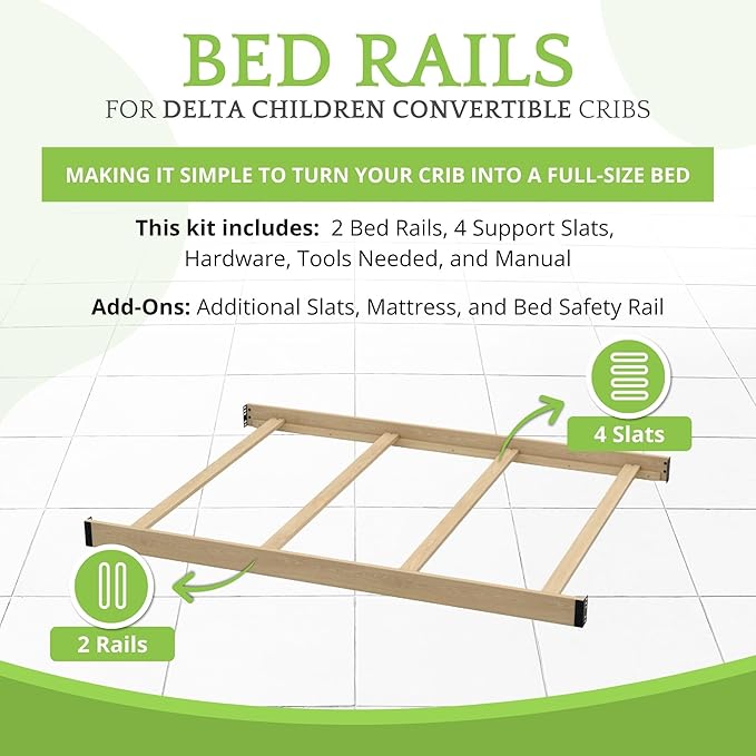 Full-Size Conversion Kit Bed Rails Compatible with Delta Children Convertible Cribs - Solid Wood Rail #0050 - Toddler & Adult Bed Rail for Full-Size Beds - Baby Furniture (Unfinished)