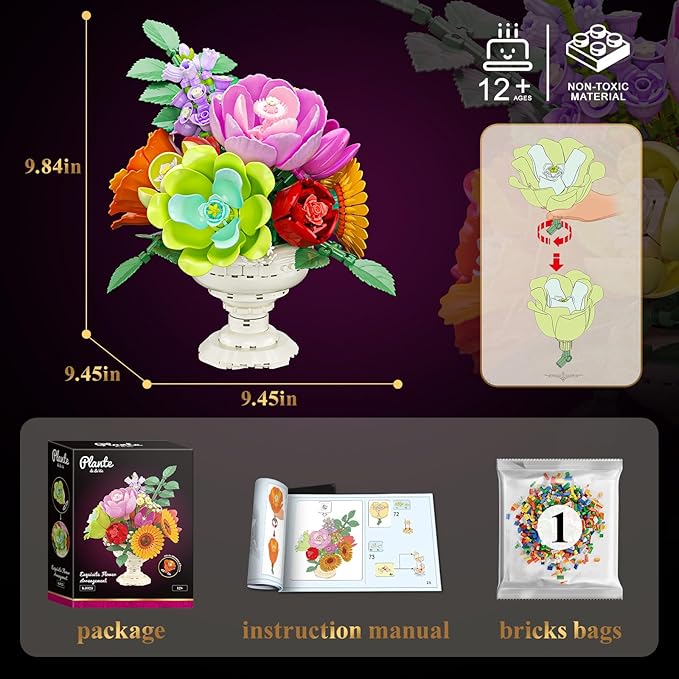 JAKI Artificial Flowers Arrangement Building Sets, 9.8in Botanicals Bouquet Building Kits with Unique Display Stand, for Home Decor, Wedding, Birthday Gift for Adults Girls 18+