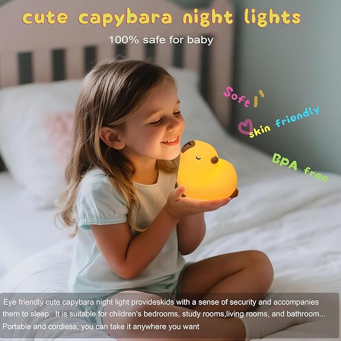 Cute Capybara Night Light, LED Capybara Lamp Rechargeable Touch Bedside Lamp,Squishy Animal Nightlight,3 Levels Dimmable,30Min Timer Nursery Night Light for Kids, Bedroom Baby Boys Girls Gifts