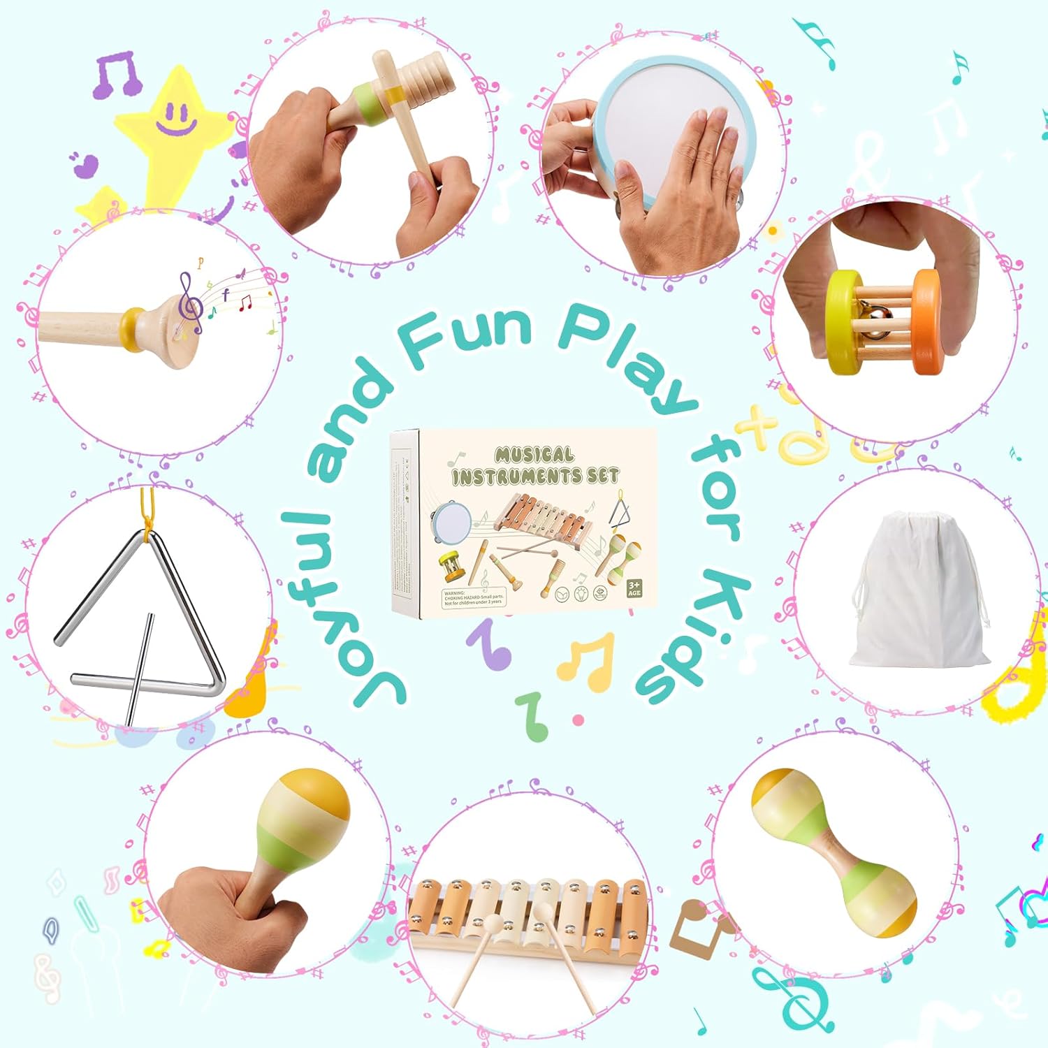 Baby Musical Instruments Set Montessori Wooden Toy for Toddlers 1 2 3 Percussion Music Xylophone for Kids Preschool Learning Resource Christmas Birthday Gifts for Boys Girls Aged 18 Months (Warm)