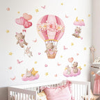 Tanlaby Pink Hot Air Balloon Wall Stickers Cartoon Bear Rabbit Stars Heart Wall Decals Peel and Stick Art Decor for Girls Bedroom Baby Nursery Kids Playroom Classroom