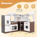 Costzon Corner Kids Kitchen Playset, Wooden Play Kitchen with Sounds & Lights, Washing Machine, Ice Maker, Microwave, Oven, Sink & Faucet, Pretend Toy Kitchen Set for Toddler, Gift for Boys Girls