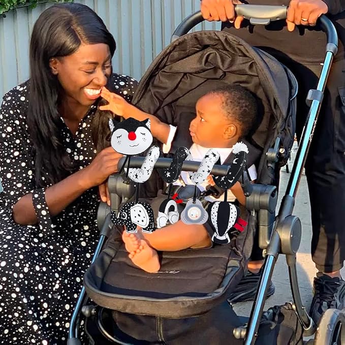 Car Seat Toys, High Contrast Black and White Toy for Infants 0-3 6 12 Months, Musical Black Fox Carseat Toys Stroller Toy for Babies Newborns