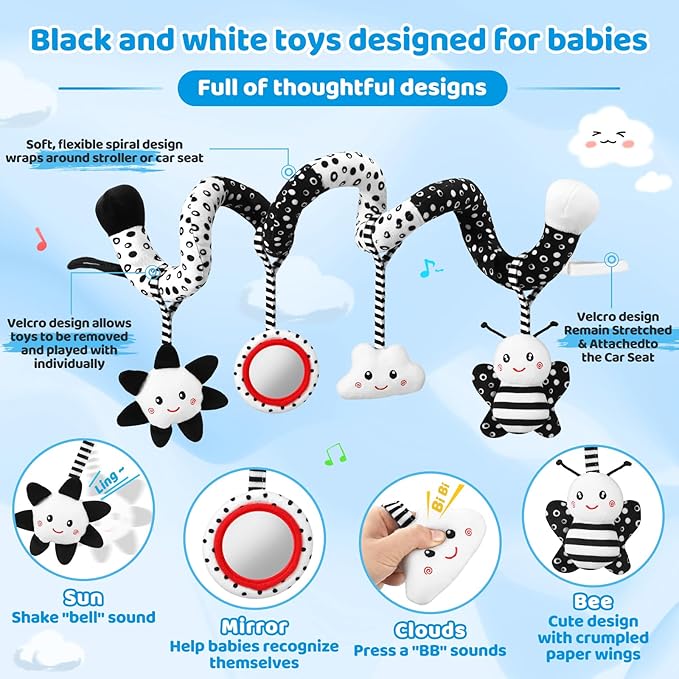 Car Seat Toys Hanging and Stroller Toys for Babies 0-6 Months，High Contrast Baby Toys for Newborn 0 3 Months Brain Development,Black and White Baby Toys for Crib Mobile，Infant Ideal Gift