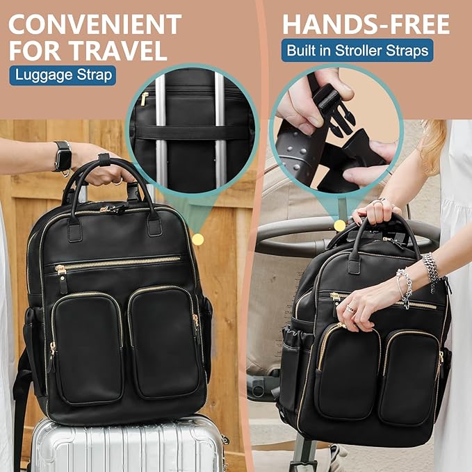 MOMINSIDE Diaper Bag Backpack, Leather Baby Bag with 18 Pockets, Diaper Backpack for Women Mom, Travel Baby Bag for Girl Boy, Large Wet Pocket, 4 Insulated Pockets, Stroller Straps, Black