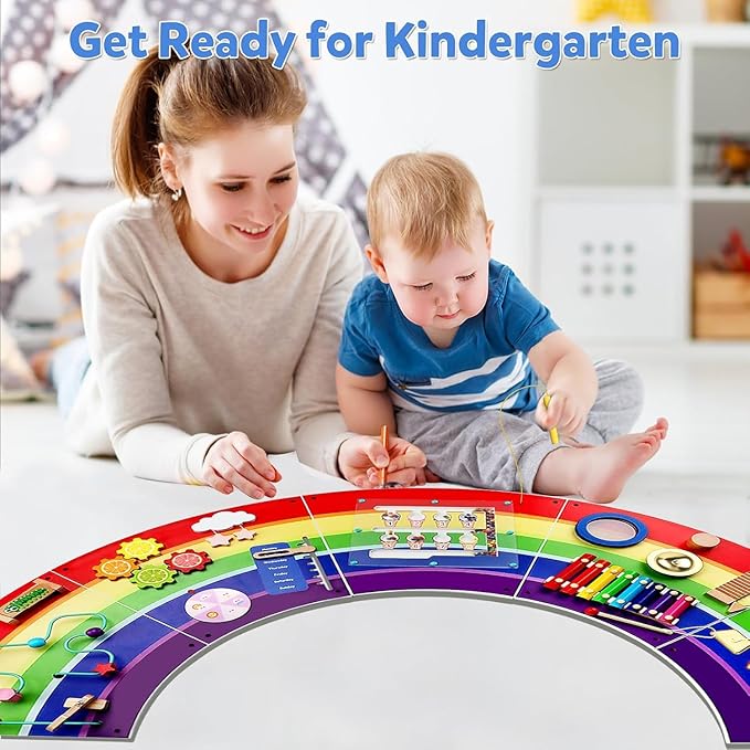 Activity Wall Busy Board for Toddlers: Montessori Sensory Toys- Sensory Wall Panel for Kids Playroom Daycare Learning Center Rainbow