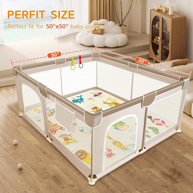 Baby Play Mat - Thicken 50x50 Inch Soft Foam Crawling Mat for Playpen & Floor, Non-Slip Waterproof Playmats for Infants & Toddlers, Portable Foldable & Machine Washable, Beach Animals