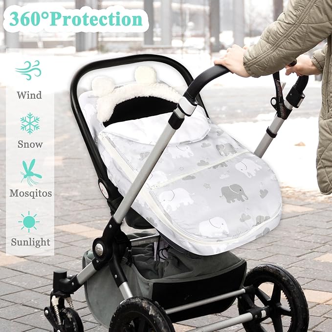 Carseat Cover Boys, Winter Cozy & Warm Cover, Elephant Baby Car Seat Cover, Infant Car Seat Canopy, Ultra-Soft Breathable Protect Baby from Cold Wind, Zipped Removable Design