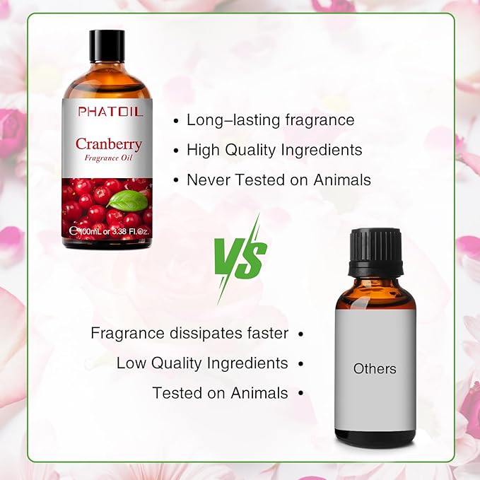 PHATOIL 3.38FL.OZ Cranberry Fragrance Oils for Aromatherapy, Essential Oils for Diffusers for Home, Perfect for Diffuser, Yoga, Skin Care, DIY Candle and Soap Making - 100ml