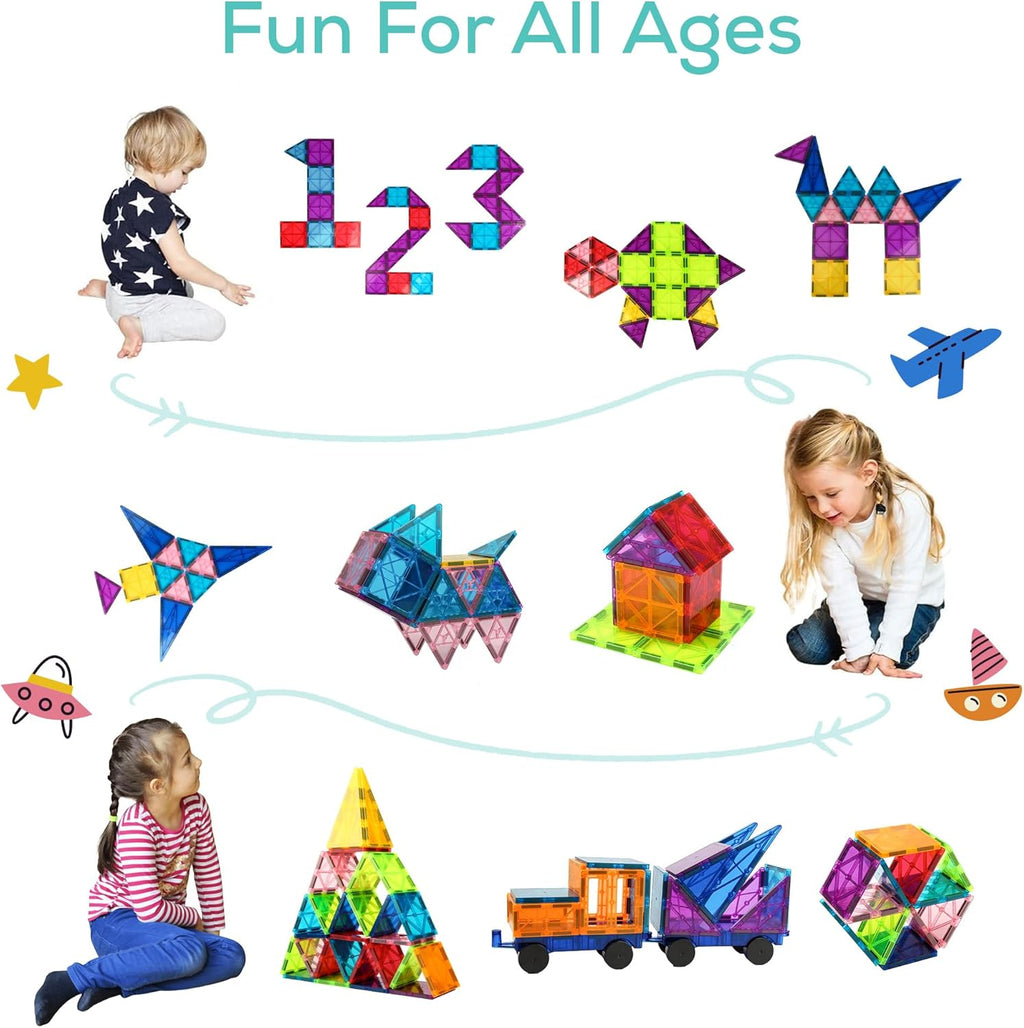 Ziggzo Magnetic Tiles for Kids Ages 4-8 | 100 Magnet Tiles with Storage Bag and 2 Cars | STEM Building Blocks for Creative Learning