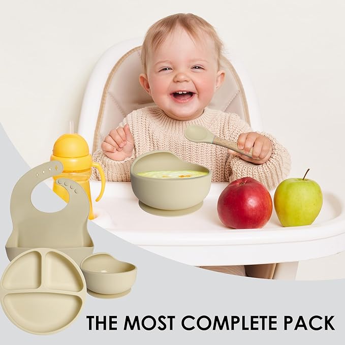 Bluet B- Silicone Baby Feeding Set - Baby Led Weaning Supplies - Baby Spoons, Suction Bowl - Plate - Baby Utensils - Silicone Feeding Set for Baby First Foods, Infant Eating - 8pcs - Beige