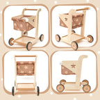 Asweets 2 in 1 Wooden Baby Walker Push and Pull Doll Stroller, Shopping Cart Learning Walker for Boys and Girls, Sit Stand Learning Toddler Toy (Brown)