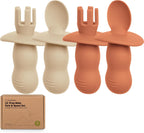 KeaBabies 4-Pack Silicone Baby Spoons and Forks Set - Baby Led Weaning Utensils 6-12 Months, Self Feeding Toddler Spoon & Fork for Training, Teething, Easy to Hold, BPA-Free Silicone (Terracotta)