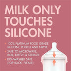 Boon Nursh Reusable Silicone Pouch Baby Bottles - Medium Flow Nipple - Silicone Baby Bottle Pouch and Nipple - Baby Feeding Essentials - Pink - 3-6 Months - 3 Count - 8 Ounce