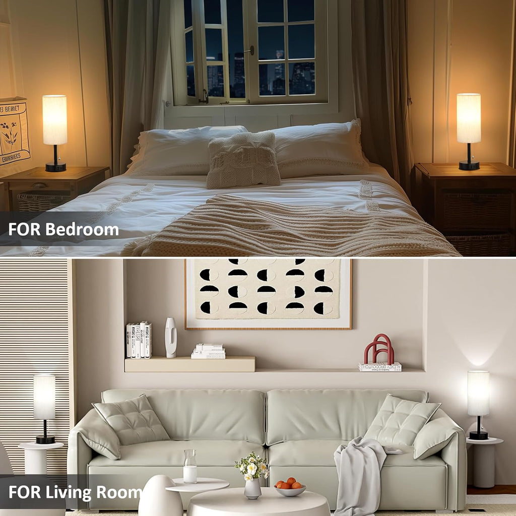 USB Bedside Table Lamps Set of 2-3 Color Temperatures Pull Chain Lamp with USB C and A Charging Ports, Round Night Stand Lamps for Bedroom