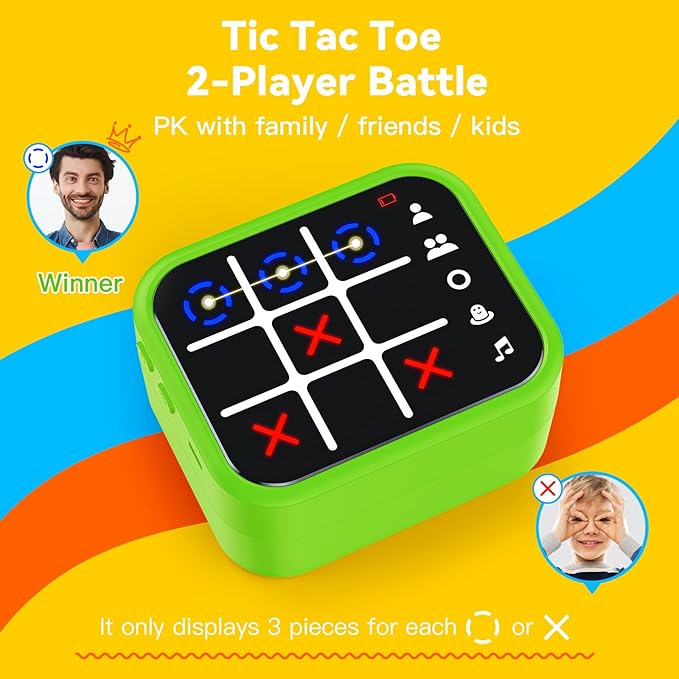 Rechargeable Tic Tac Toe Game Box with 5 Fun Brain Memory Games, Electronic Touchscreen Handheld Game, Portable Digital Puzzle Board Travel Toy, Gifts Choice for Kids and Adults (Green)