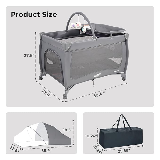 Pamo Babe Pack and Play 1-Second Setup 4-in-1 Portable Crib for Baby with Bassinet, Mosquito Net, Changing Table & Toy Arch