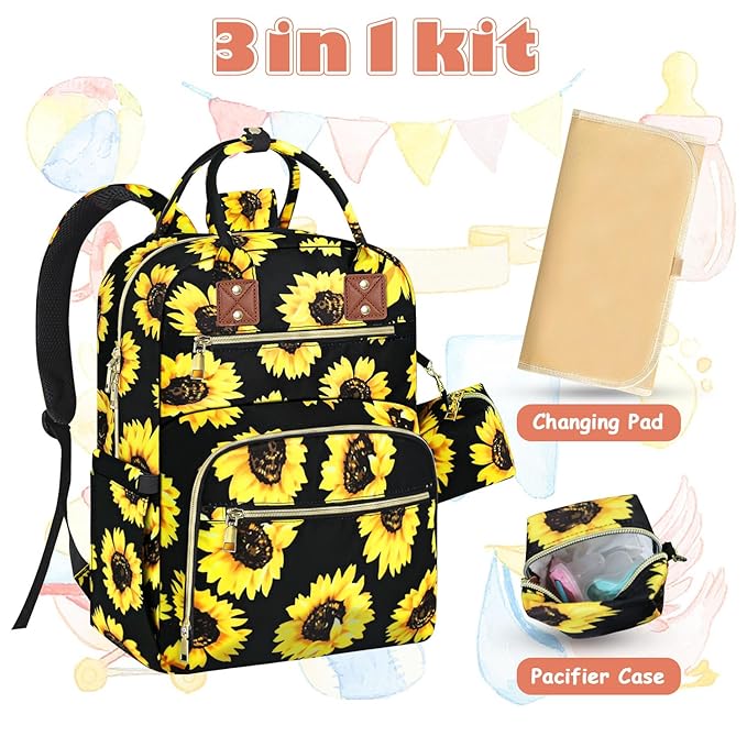 Baby Diaper Bag Backpack, Travel Diaper Bags for Baby Girl Boy Large Capacity Baby Bag Backpack for Women Sunflower