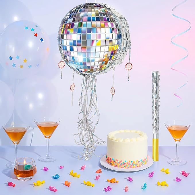 WERNNSAI Disco Ball Piñata - Disco Party Decoration Pull String Mirror Piñata with Bat and Blindfold for Adult Birthday Party Supplies