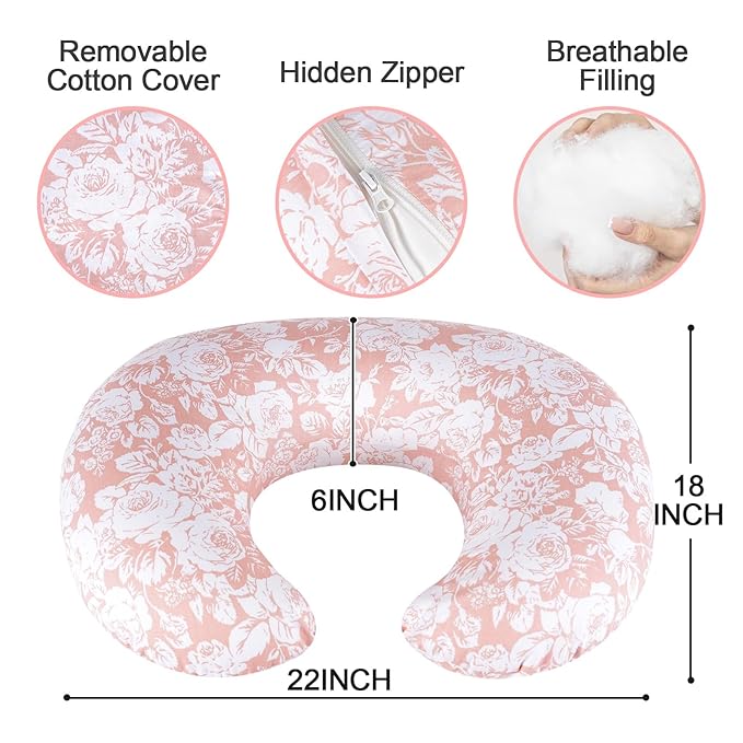 Baby Nursing Pillow for Breastfeeding, Adjustable Breast Feeding Pillow for Bottle Feeding, Breastfeeding Essentials for Mom and Baby Healthier Nursing, Removable Cover- Rose