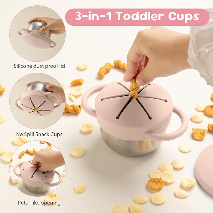 1 Pack Snack Containers for Toddlers, Stainless Steel Toddler Snack Cups with Silicone Food Catcher & Lids,Snack Cups for toddlers Spill Proof