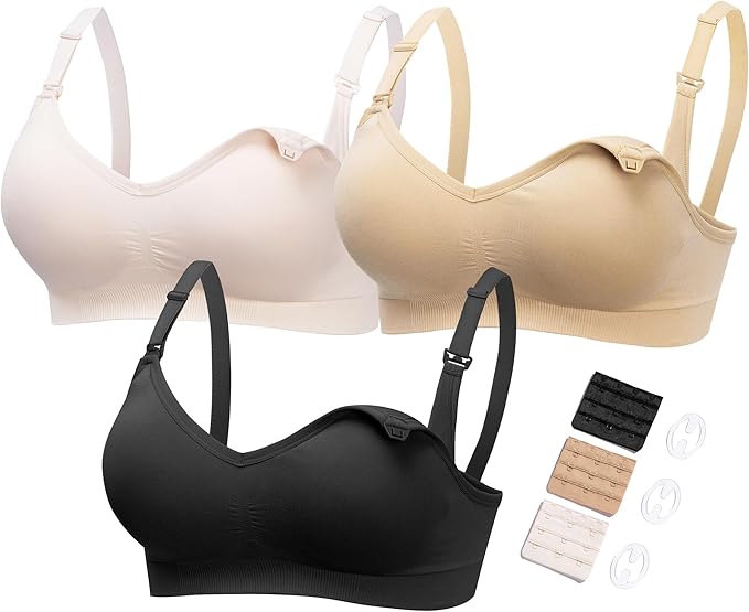 HOFISH Maternity Nursing Bras for Breastfeeding, 3 Pack Pregnancy Deep V Neck Wireless Bra with Extenders & Clips