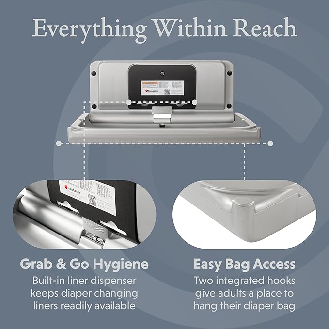 Foundations Ultra Horizontal Wall Mounted Baby Diaper Changing Station, Oversized Changing Surface, Plastic with Stainless Steel Hinge, Safety Strap - Metallic (200-EH-04)