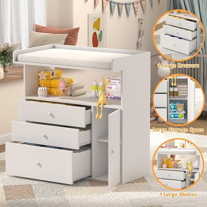 Baby Changing Table Dresser with Wide Tabletop, 3 Drawers & Open Storage Space, Baby Dresser with Changing Table Top, Perfect for Baby Bedrooms & Nurseries (Extra Large)