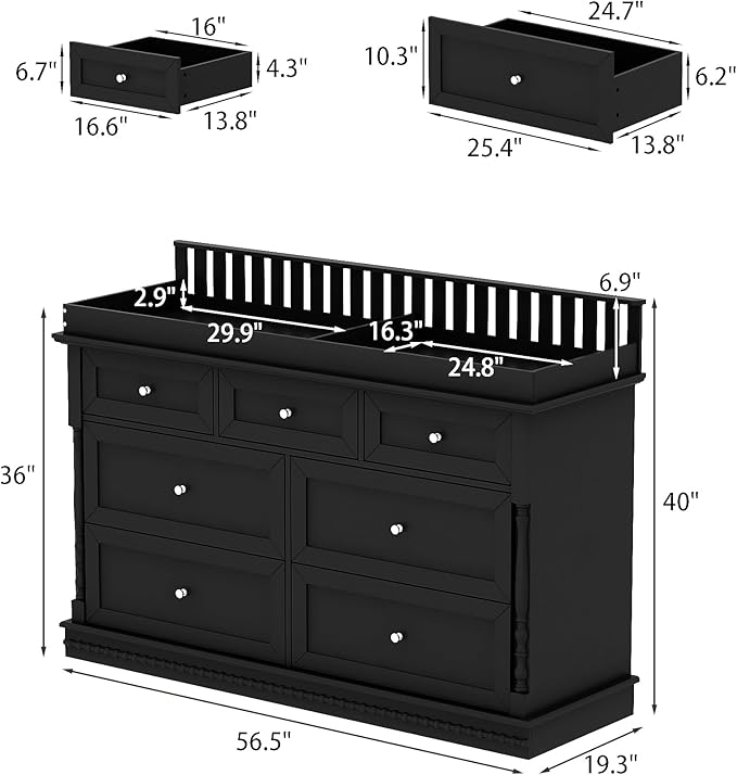 Baby Dresser with Changing Table Top, Black Dresser for Nursery with 7 Storage Drawers, Multi-Functional Baby Changing Table, Modern Diaper Nursery Dressers Station for Kids Bedroom