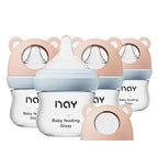 Natural Glass Baby Bottle for Breastfeeding Babies, 3oz Newborn Anti-Colic Baby Bottle with Slow Flow Nipples (SS), Clear, Wide Neck, 4 Pack, 0 Months+