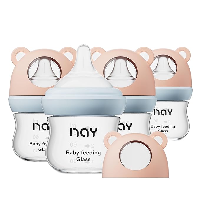 Natural Glass Baby Bottle for Breastfeeding Babies, 3oz Newborn Anti-Colic Baby Bottle with Slow Flow Nipples (SS), Clear, Wide Neck, 4 Pack, 0 Months+